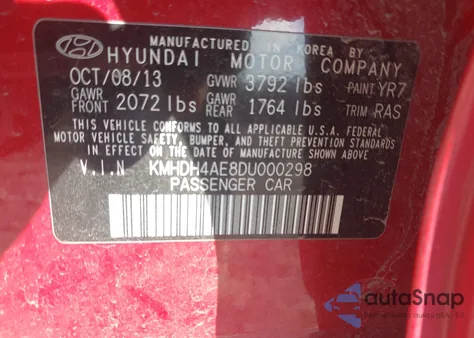 2013 Hyundai Elantra Gls из США, поврежденный, VIN KMHDH4AE8DU000298